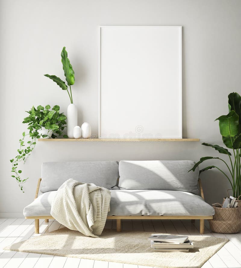Mock up poster frame in hipster interior background, living room,Scandinavian style, 3D render, 3D illustration vector illustration
