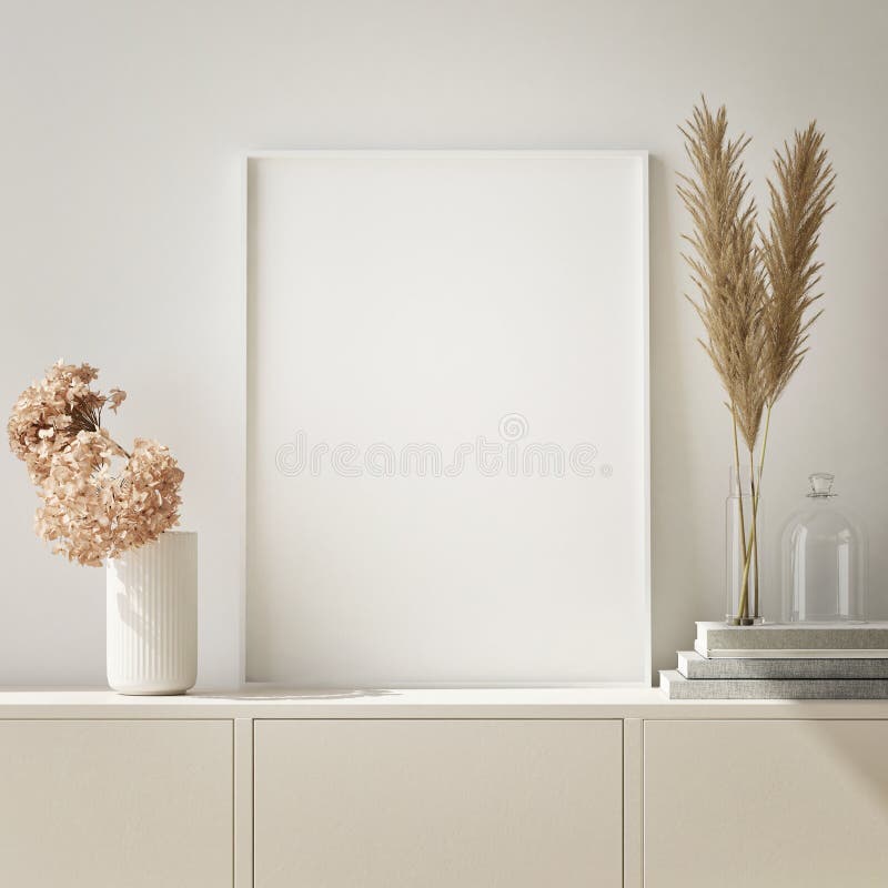 Mock up poster frame in hipster interior background, living room,Scandinavian style, 3D render, 3D illustration