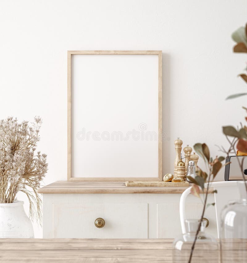 Mock up poster frame in kitchen interior, Farmhouse style, 3d render