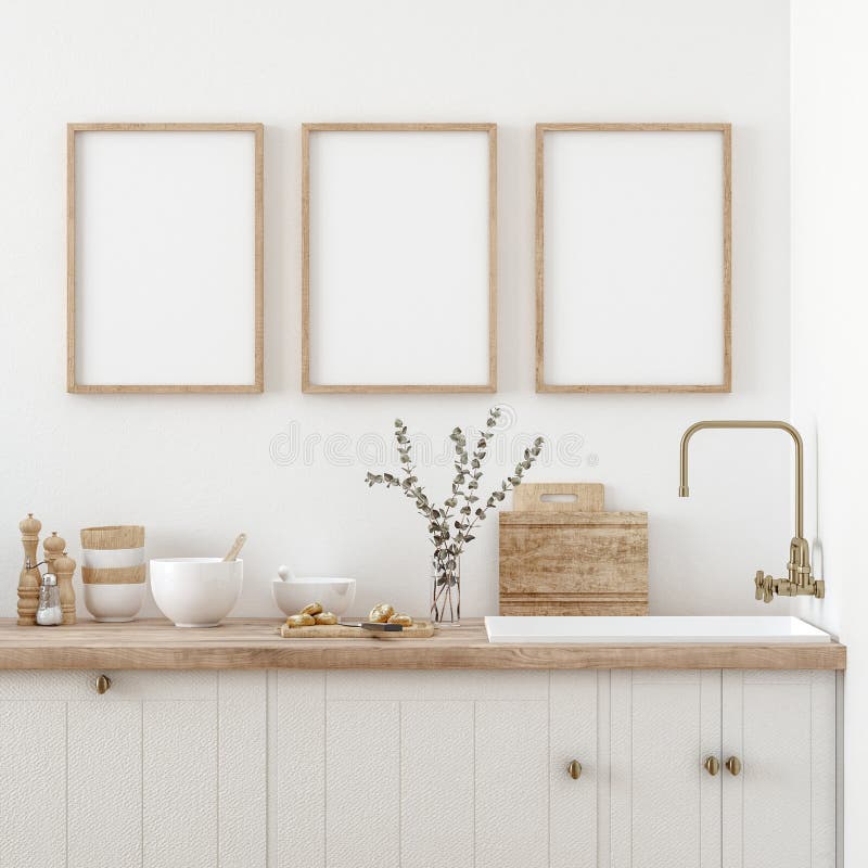 Mock up poster frame in kitchen interior, Farmhouse style