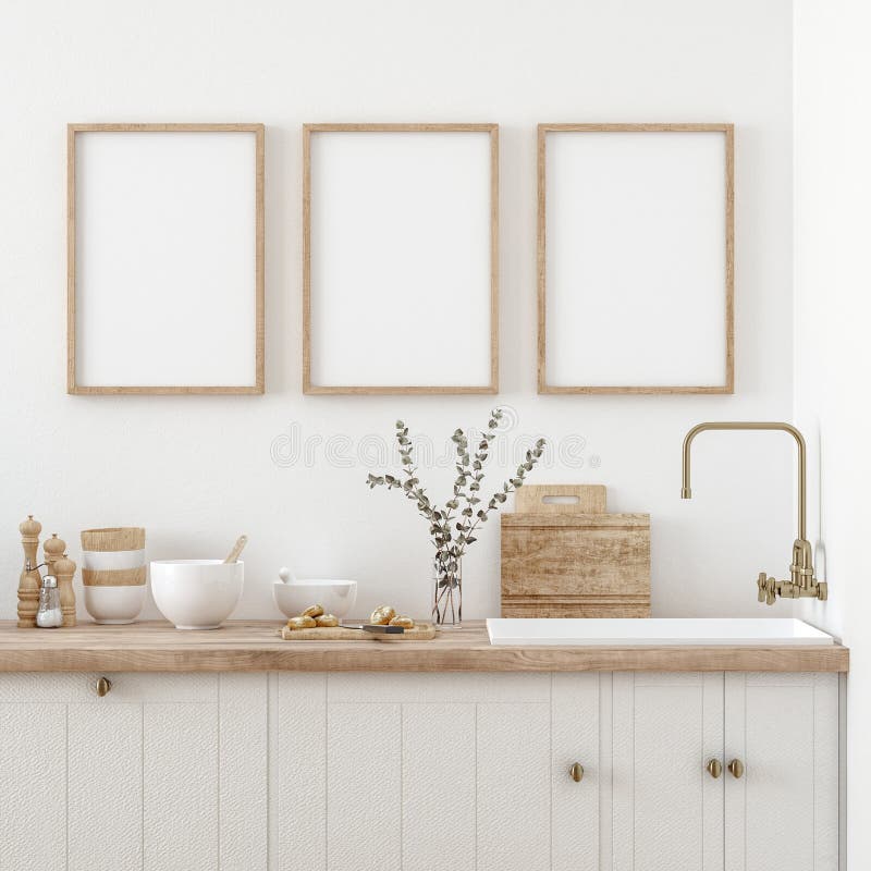 Mock up poster frame in kitchen interior, Farmhouse style, 3d render