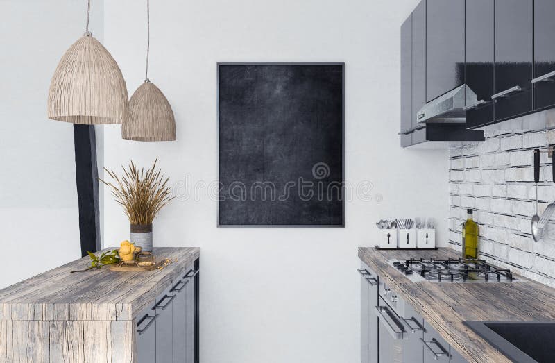 Mock up poster frame in kitchen interior, Scandi-boho style royalty free stock image