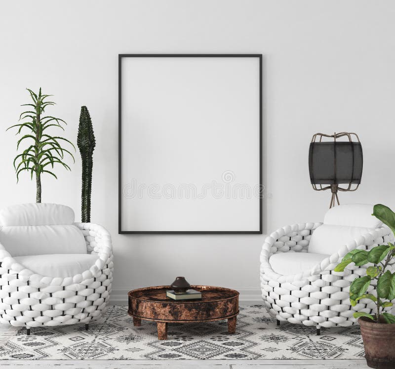 Mock-up poster frame in living room background, Scandi-Boho style, 3d render