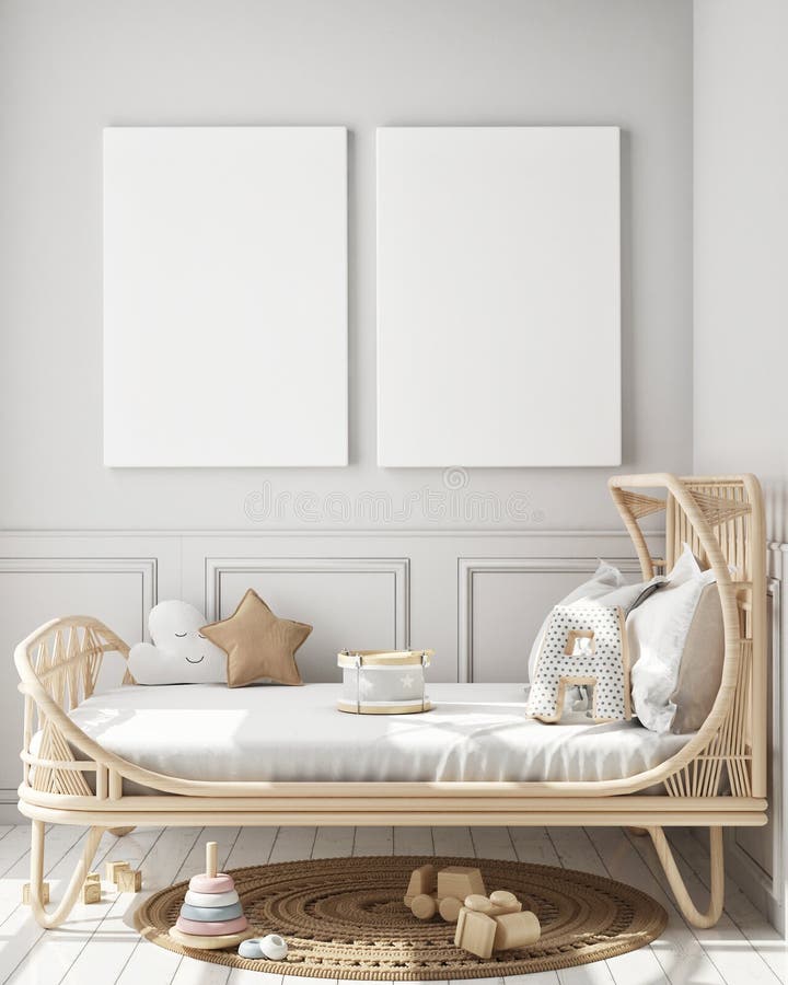Mock up poster frame in modern interior background, kids bedroom, Scandinavian style, 3D render royalty free illustration