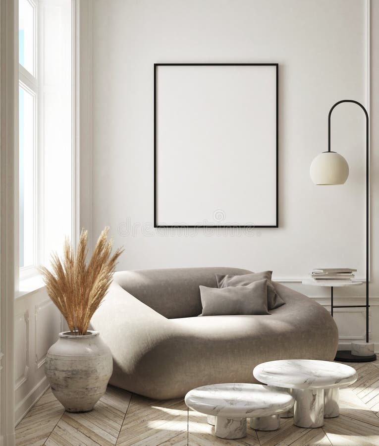 Mock up poster frame in modern interior background living room Art Deco style 3D render stock illustration