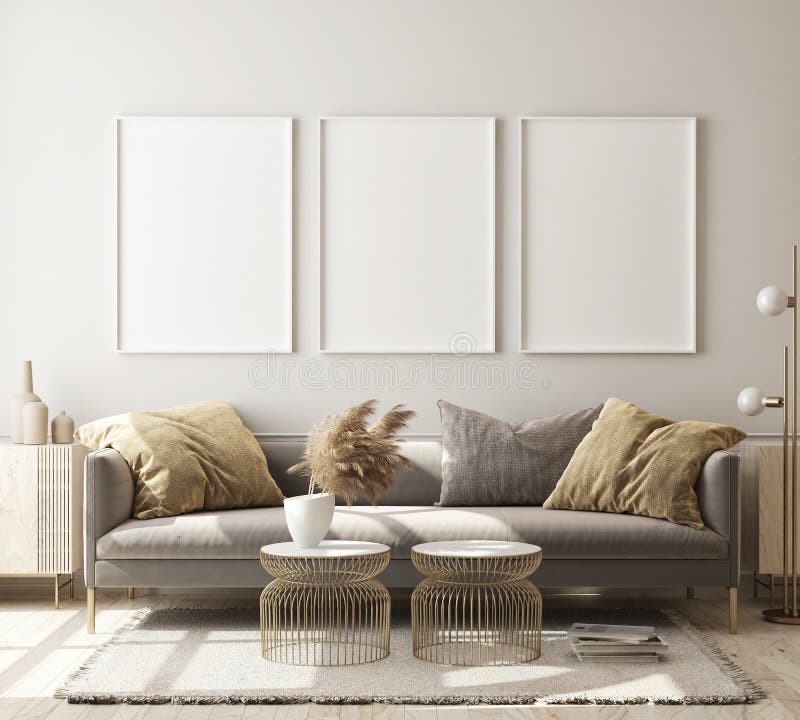 Mock up poster frame in modern interior background, living room, Scandinavian style,3D illustration, 3D render