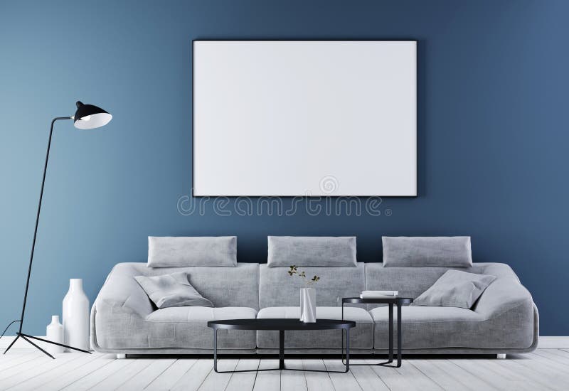 Mock up poster frame in modern vintage interior ,living room with white leather sofa. stock illustration Mock up poster frame in modern vintage interior ,living room with white leather sofa. stock illustration