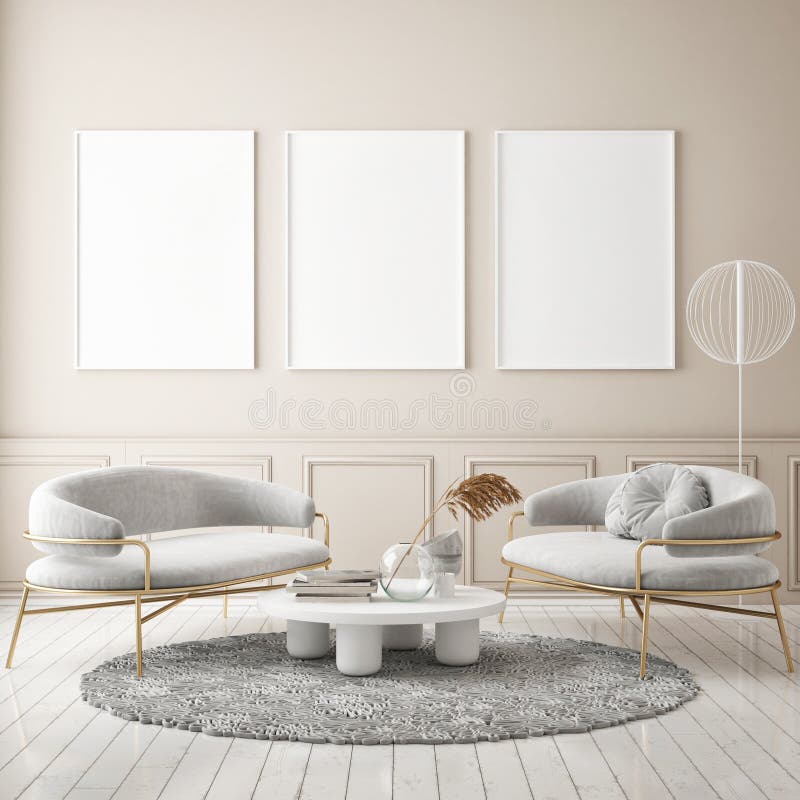 Mock up poster frame in modern interior background, living room, Scandinavian style, 3D render, 3D illustration. Mock up poster frame in modern interior background, living room, Scandinavian style, 3D render, 3D illustration