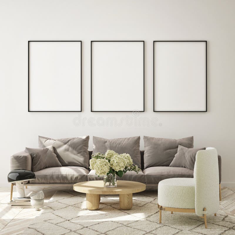 Mock up poster frame in modern interior background, living room, Scandinavian style, 3D render, 3D illustration. Mock up poster frame in modern interior background, living room, Scandinavian style, 3D render, 3D illustration