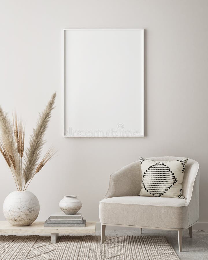 Mock up poster frame in modern interior background, living room, Scandinavian style, 3D render, 3D illustration. Mock up poster frame in modern interior background, living room, Scandinavian style, 3D render, 3D illustration