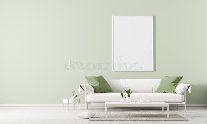 Mock up poster frame in Scandinavian style interior. Minimalist interior design. 3D illustration royalty free illustration