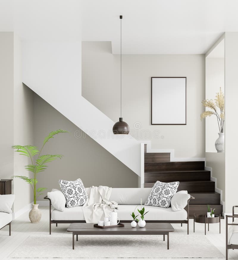 Mock up poster frame in Scandinavian style interior. Minimalist interior design. 3D illustration stock illustration