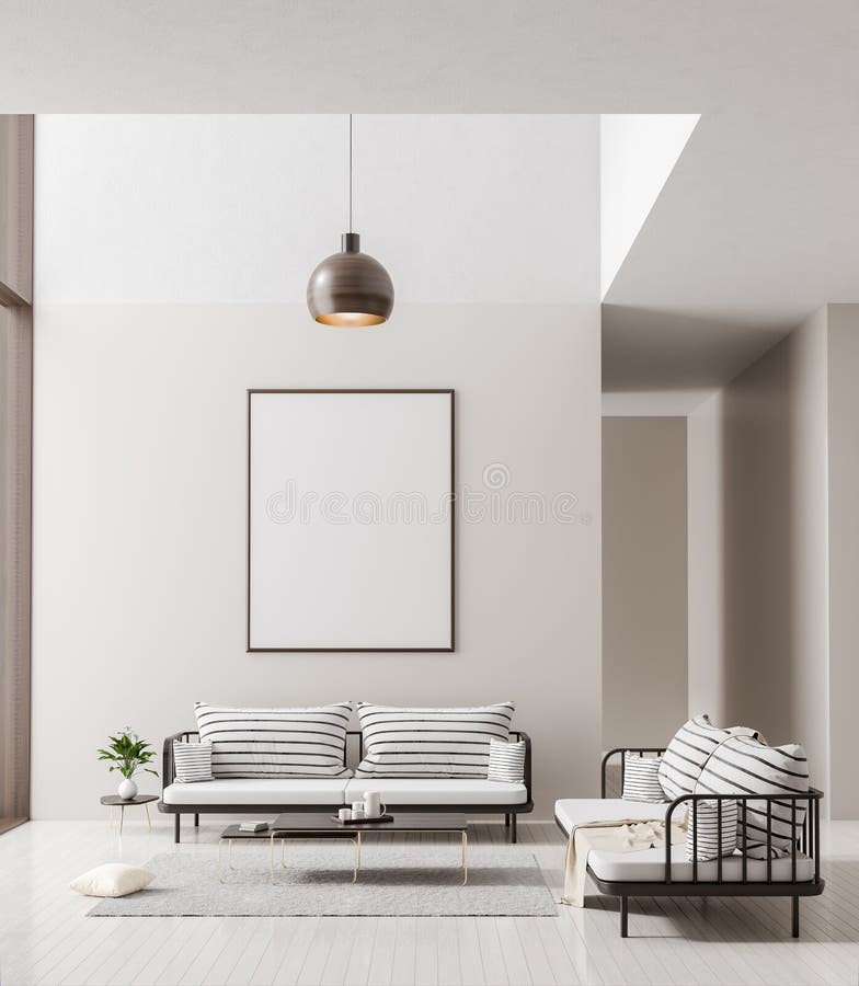 Mock up poster frame in scandinavian style interior. Minimalist modern interior design. 3D illustration stock photography