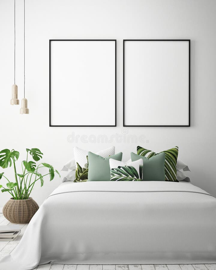 Mock up poster frame in tropical bedroom interior background, modern Caribbean style vector illustration Mock up poster frame in tropical bedroom interior background, modern Caribbean style vector illustration