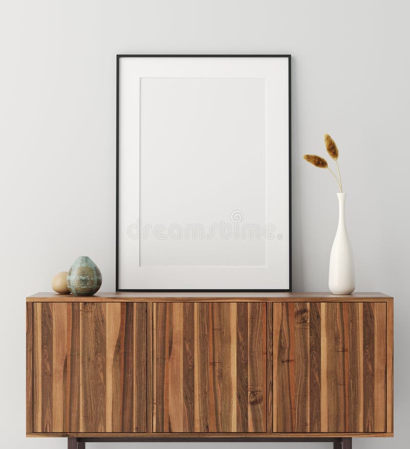 Mock up poster frame on wooden cabinet in home interior stock illustration