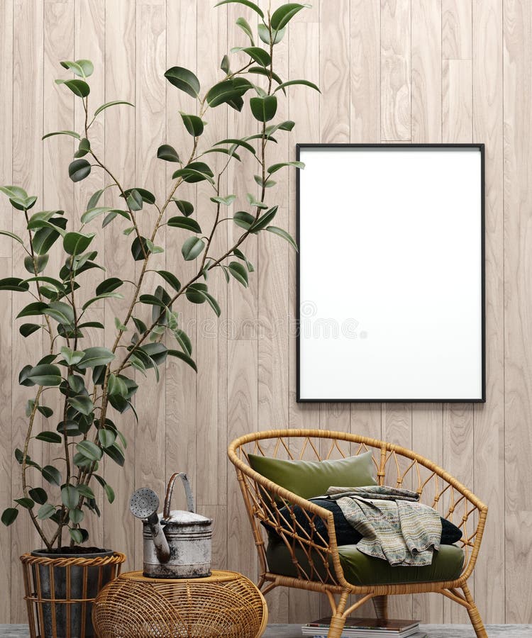 Mock up poster in garden interior background with chair, wooden wall and plants royalty free stock photos Mock up poster in garden interior background with chair, wooden wall and plants royalty free stock photos