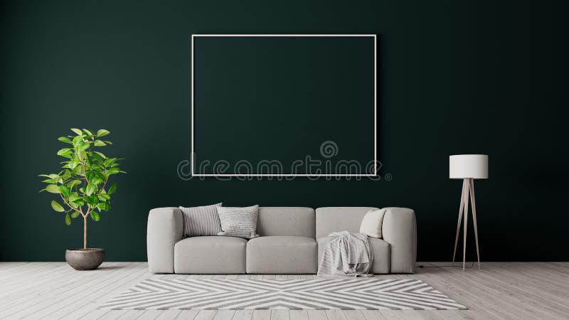 Mock up poster on green wall, grey modern furniture, minimal interior design 3D Render