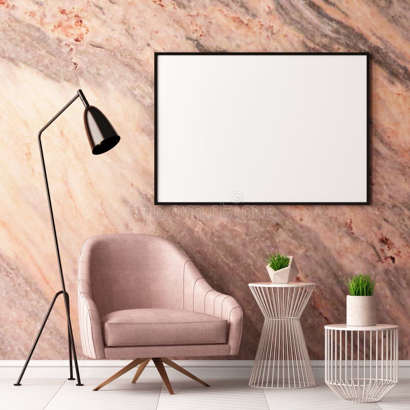 Mock up poster in the interior with an armchair and a table on the background of a marble wall, 3d render, 3d illustration.