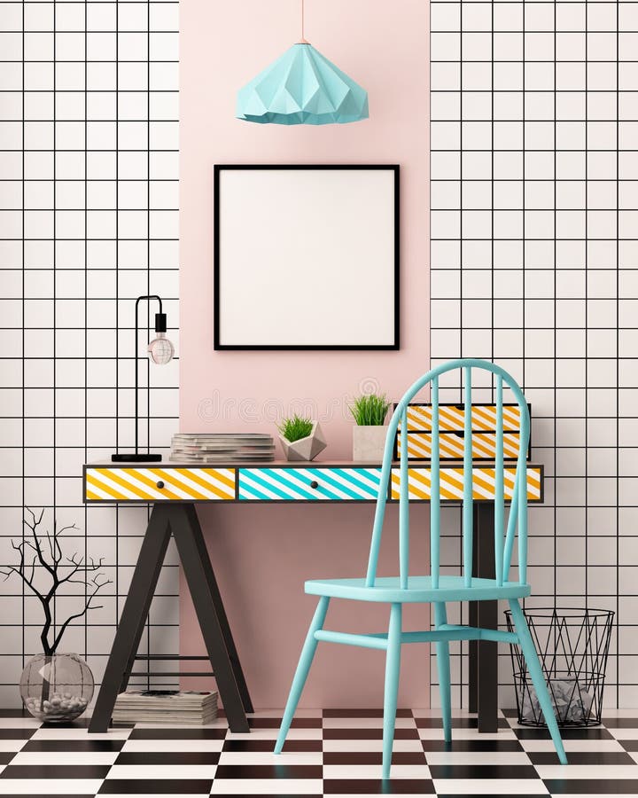 Mock up poster in the interior of the workplace. Memphis Style. 3d illustration 3d render. royalty free illustration