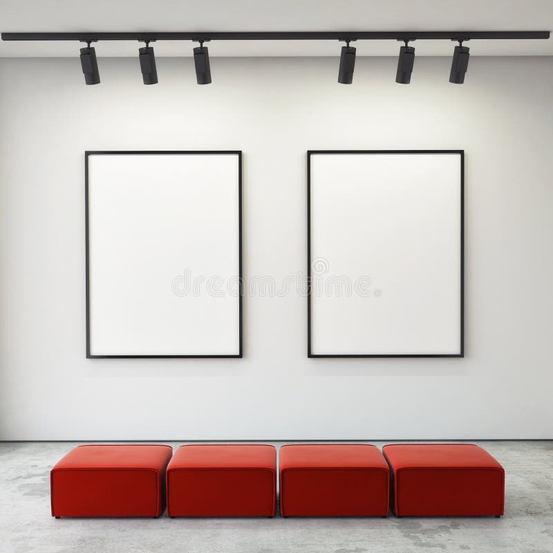 Mock up posters frames and canvas in gallery interior background