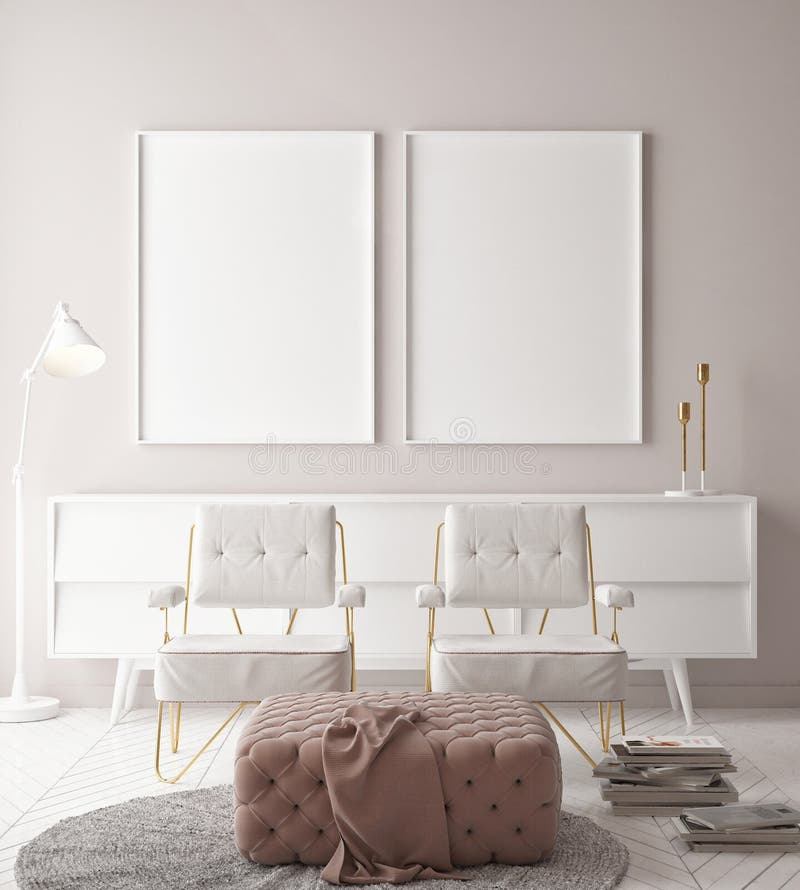 Mock up posters, hipster background, minimalism wall with two chairs stock illustration Mock up posters, hipster background, minimalism wall with two chairs stock illustration