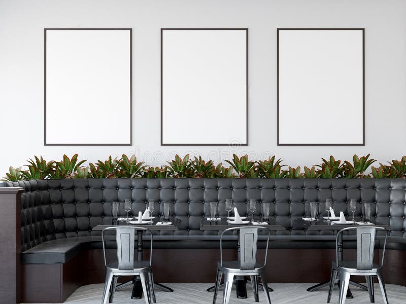 Mock up posters in modern restaurant interior, 3d render vector illustration Mock up posters in modern restaurant interior, 3d render vector illustration