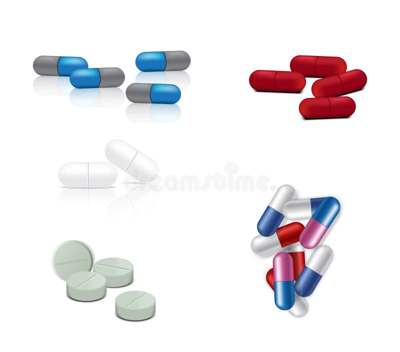 Mock up Realistic White, red, Blue and Gray Capsules Pills Medicine on White Background Vector Illustration. Tablets Medical