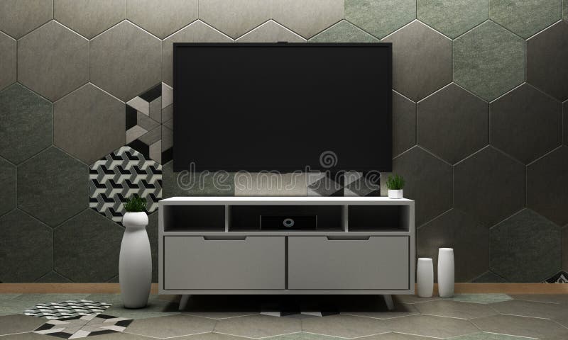 Mock up Smart Tv Mock up with blank black screen hanging on the cabinet decor on Hexagon pattern wall and floor design. 3d rendering. Tv wall pattern illustrations