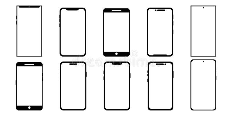 Mock up smartphone set, simple silhouette frame. High quality device front view. Cell phone Mobile Phone device. Black stock illustration