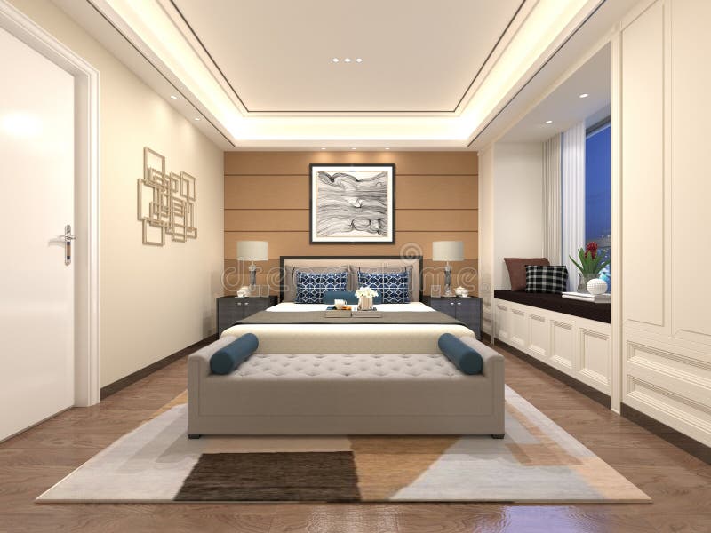 Mock up of a spacious bedroom with a stylish large bed. stock illustration