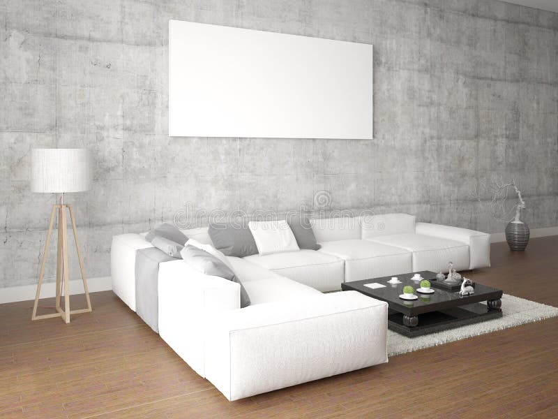 Mock up a stylish living room with a large bright sofa.