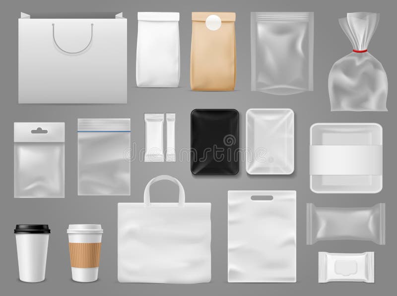 Mock up for take away. Packaging food containertea and paper bag, disposable cup for branding coffee shop or cafe vector royalty free illustration Mock up for take away. Packaging food containertea and paper bag, disposable cup for branding coffee shop or cafe vector royalty free illustration