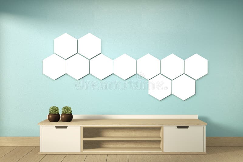 Mock up Tv shelf and hexagon lamp on wall mint room modern tropical style - empty room interior - minimal design. 3d rendering