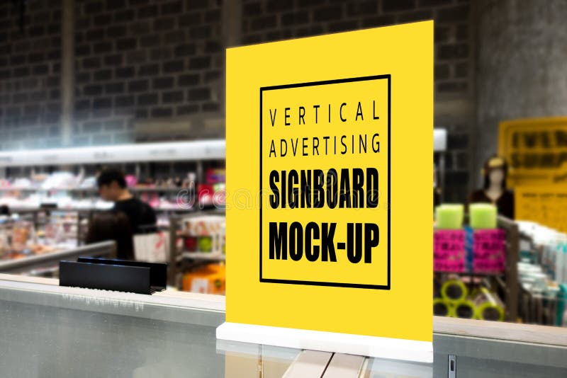 Mock up vertical signboard standing on counter supermarket royalty free stock image