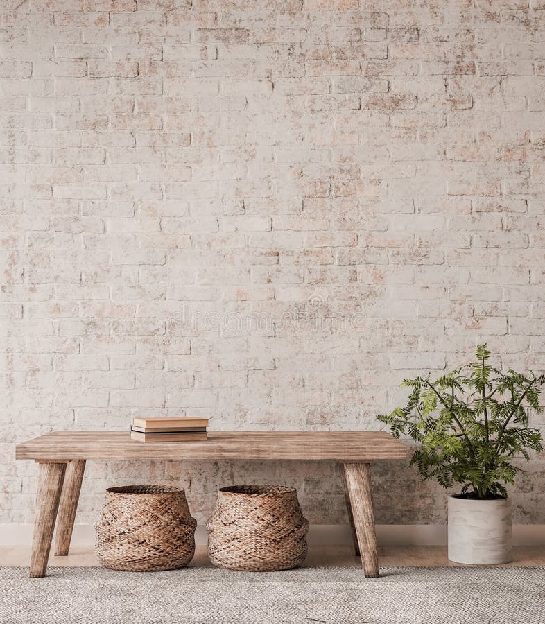 Mock up wall in home interior background, beige room with natural wooden furniture