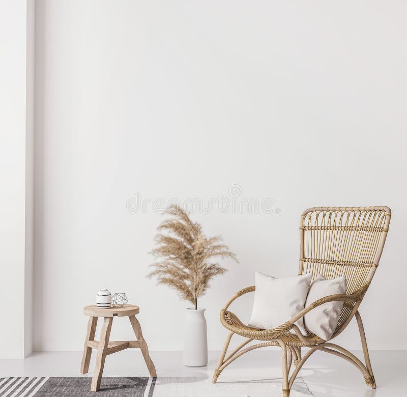 Mock up wall in home interior background, beige room with natural wooden furniture, Scandinavian bohemian style, 3d render. Mock up wall in home interior background, beige room with natural wooden furniture, Scandinavian bohemian style, 3d render