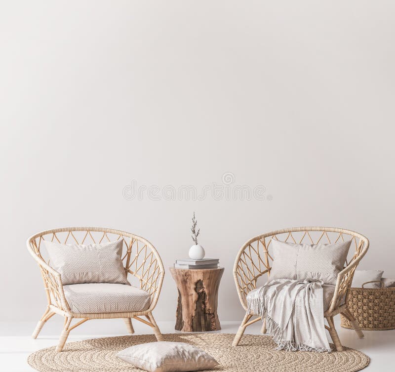 Mock up wall in home interior background, bright beige room with natural wooden furniture, two wooden chairs with trendy carpet, 3d render