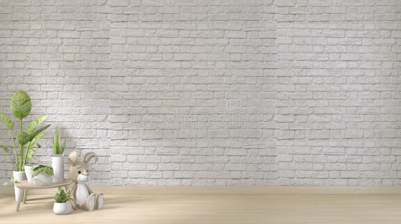 Mock up - mock up white brick wall on floor wooden and decoration plants.3D rendering