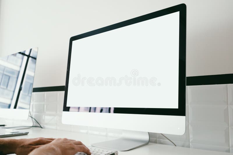 Mock up of workspace with generic design computer stock image