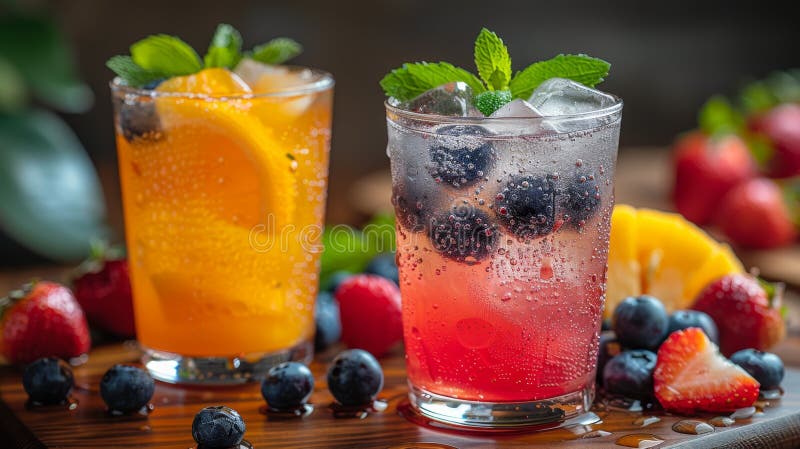 high quality illustration, vibrant mocktail on wooden table, ideal summer beverage with fruits and ice a refreshing concept AI generated. high quality illustration, vibrant mocktail on wooden table, ideal summer beverage with fruits and ice a refreshing concept AI generated