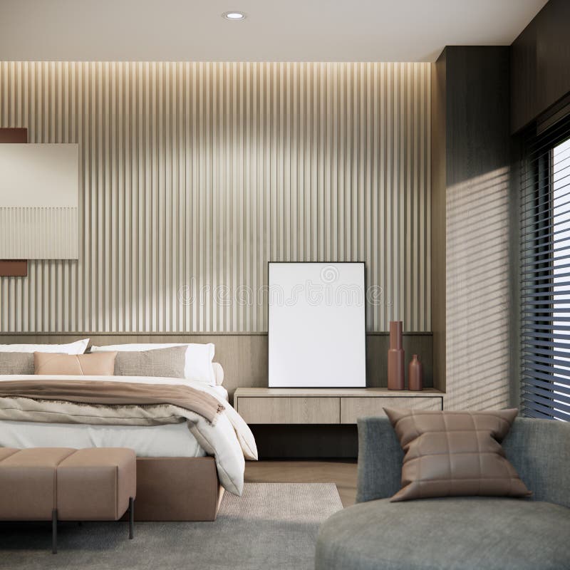 Mockup Apartment 3D, die Gestaltung und Dekoration des Schlafzimmers in Grau und Beige vektor abbildung