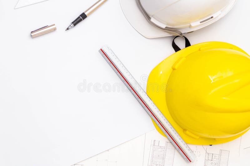 Mockup of Architectural Concept, Drawing Tools and Engineer Drawing on