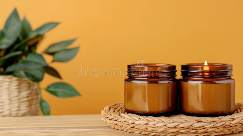 Mockup av mjuka ljus med Elegant Packaging and Greenery against Warm Background vektor illustrationer