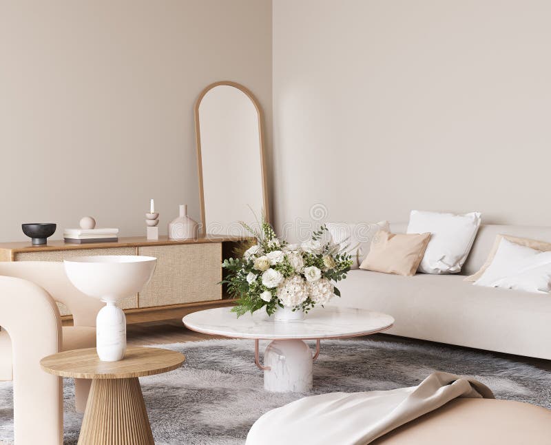 Mockup beige sofa från det moderna vardagsrummet med marmor kaffebord och blomvass på vit bakgrund stock illustrationer