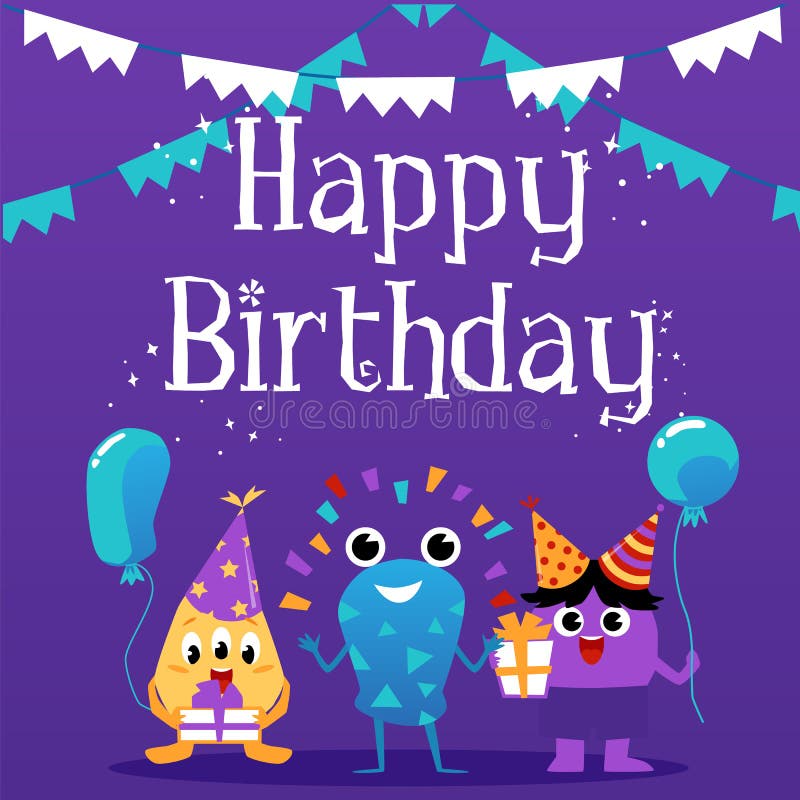 Mockup of Birthday Invitation Card with Cute Monsters Flat Vector ...