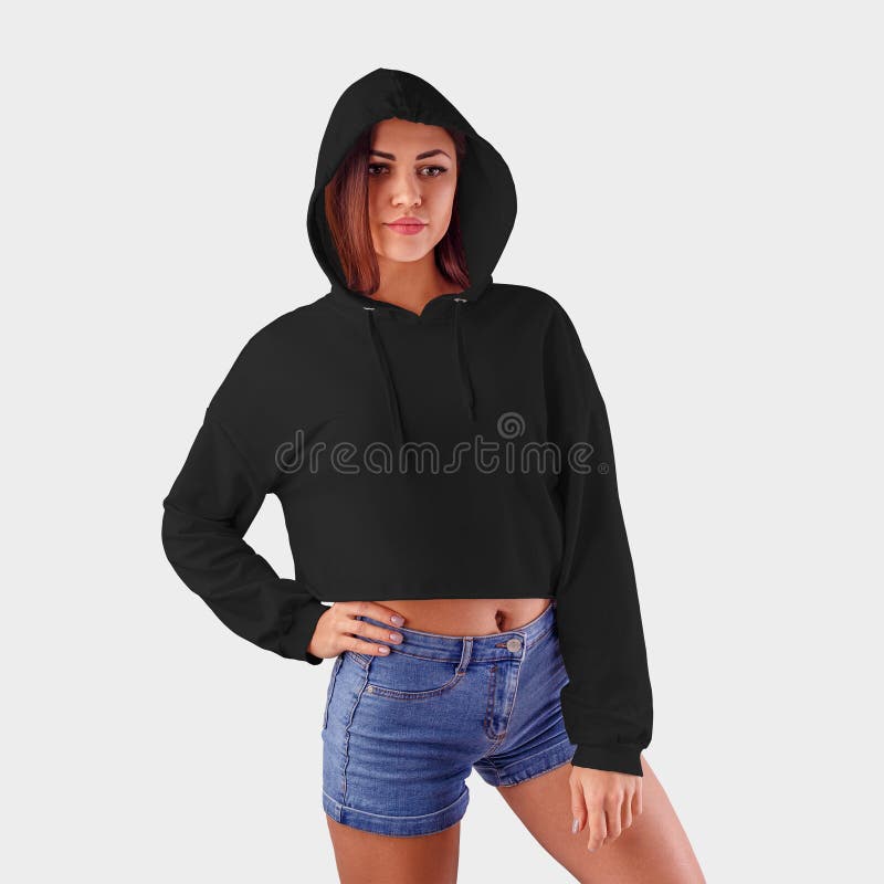 Mockup of a Black Hoodie on a Girl in Blue Shorts, Posing on a White ...