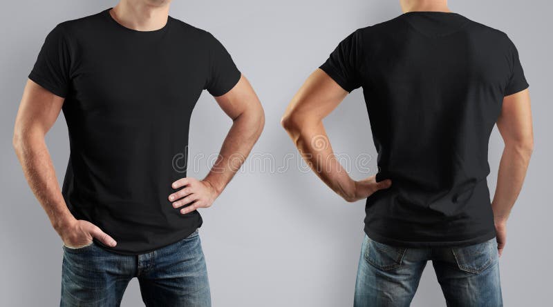 Mockup black t-shirt on strong man on gray background. Front vi