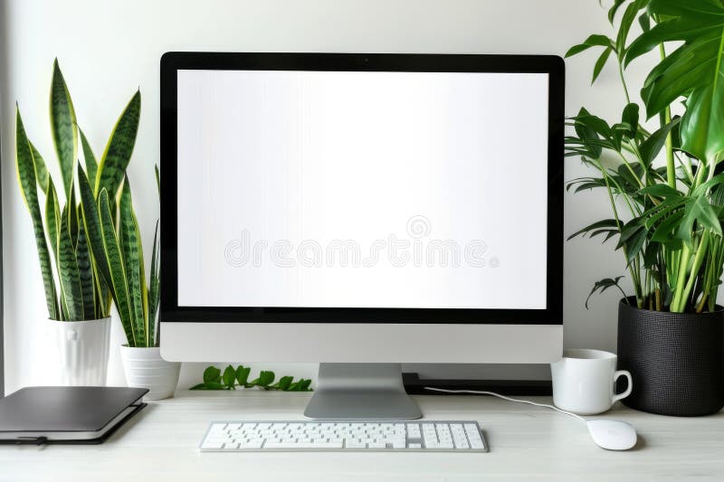 Mockup of a blank computer screen on a modern office desk with plants stock image