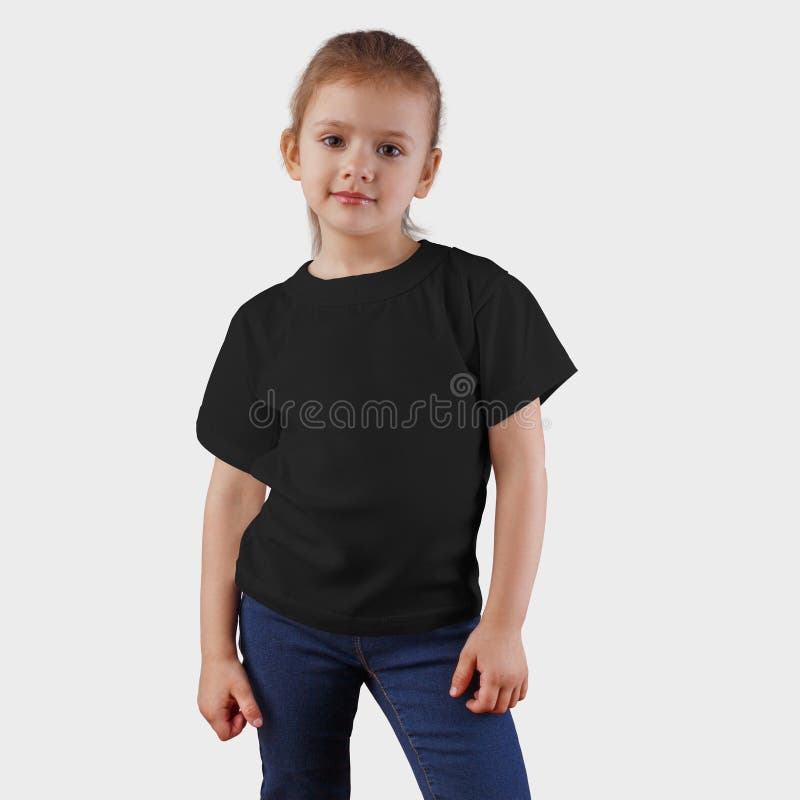 Mockup blank t-shirts on a beautiful girl, posing face, black clothing for children, for presentation of design and print