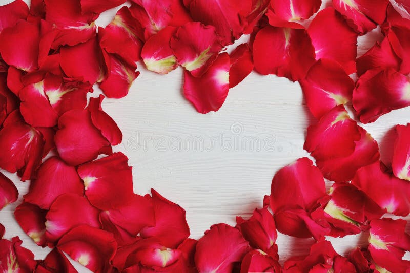 Mockup Card red rose petals in the shape of heart for Valentine`s Day. Flat lay, top view with a place for your text